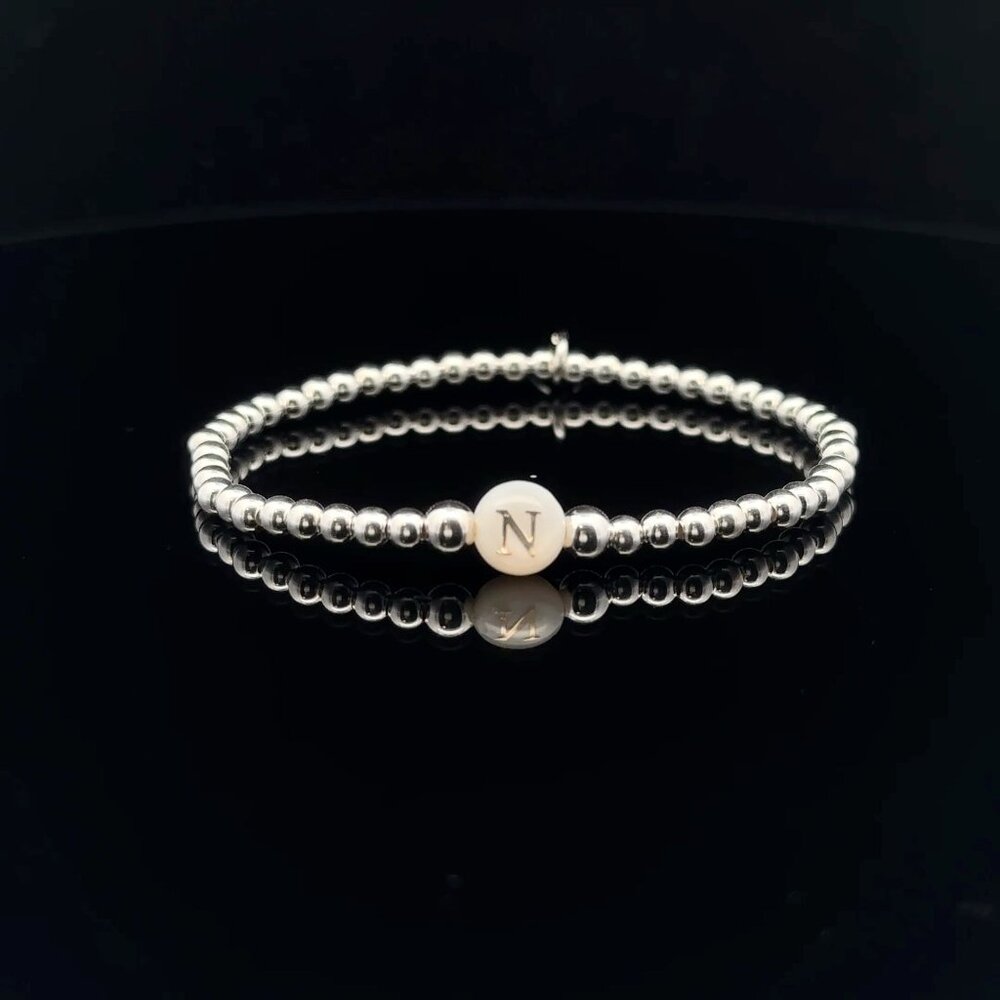 925 Sterling Silver Beaded Stretch Stacking Bracelet MOP Letter Initial N
